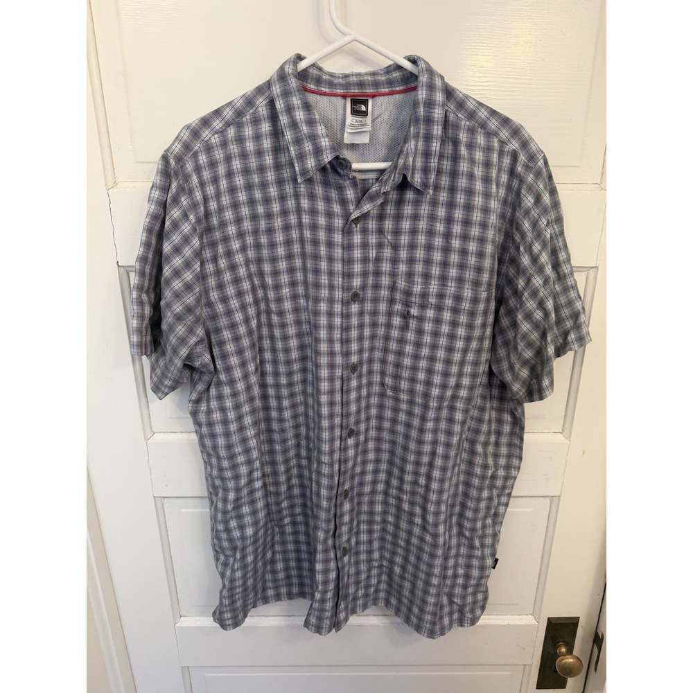 North Face Shirt Mens Size XL Gray Blue Plaid Checked Short Sleeve Button Down